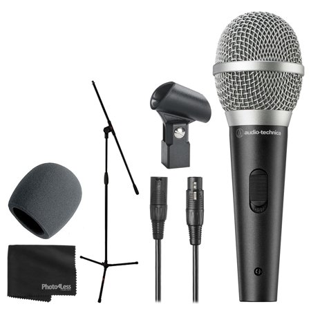 Audio-Technica ATR1500x Unidirectional Dynamic Handheld Mic + Tripod Base Mic Stand with Boom + Foam Windscreen