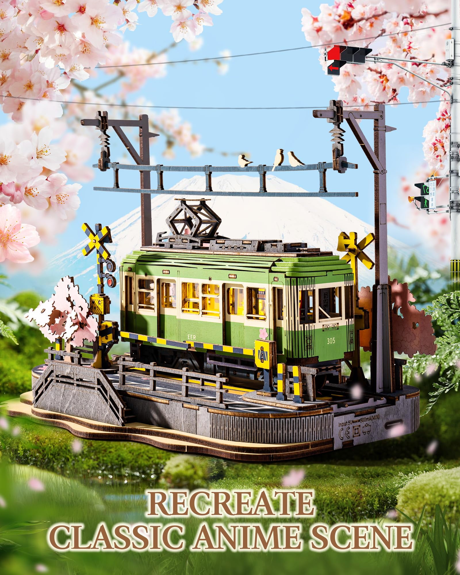 Rolife 3D Puzzle Wooden Jigsaw Car Toy DIY Model Kit for Adults, Building Toy with LED Light Diorama Tram Hobby for Kids Brain Teaser (Sakura Journey)