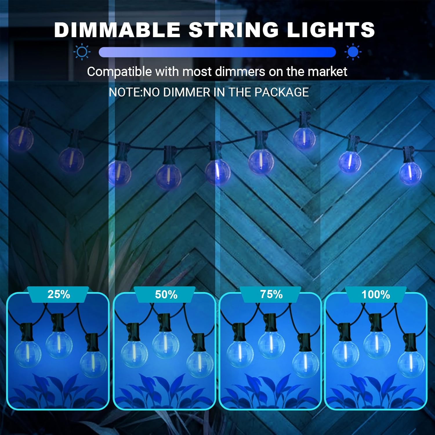 LED Outdoor String Light, 26Feet Patio Lights with12+1Edison Shatterproof Bulbs(1Spare), UL Waterproof Outside Lights connectable Dimmable for Backyard Porch Decor,Blue