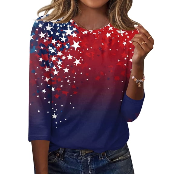 Womens 250th Anniversary USA Shirts 3/4 Sleeve Tshirts Casual Red White and Blue Print Tops Independence Day Patriotic Pullover 4th of July Celebration Party Round Neck 1776-2026 Blouses Dark Blue L