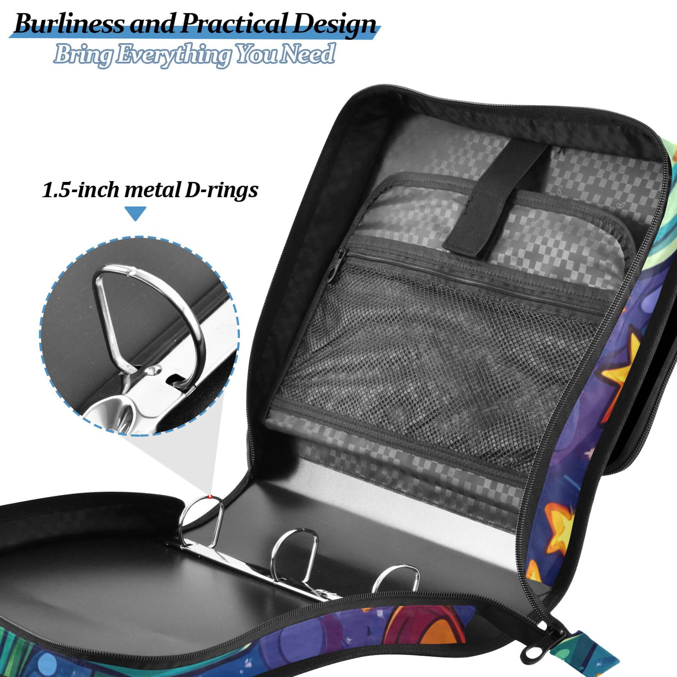 3 Ring Zipper Binder with Shoulder Strap Waterproof Trapper Keeper 2 Inch D-Ring 500 Sheets Capacity Cartoon Flower and Star