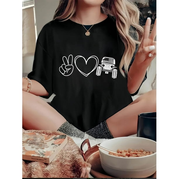 Women's Trendy Love Heart & Car Graphic Tee - Casual Round Neck Short Sleeve, Stretchy Polyester Blend, Machine Washable - Perfect for Summer
