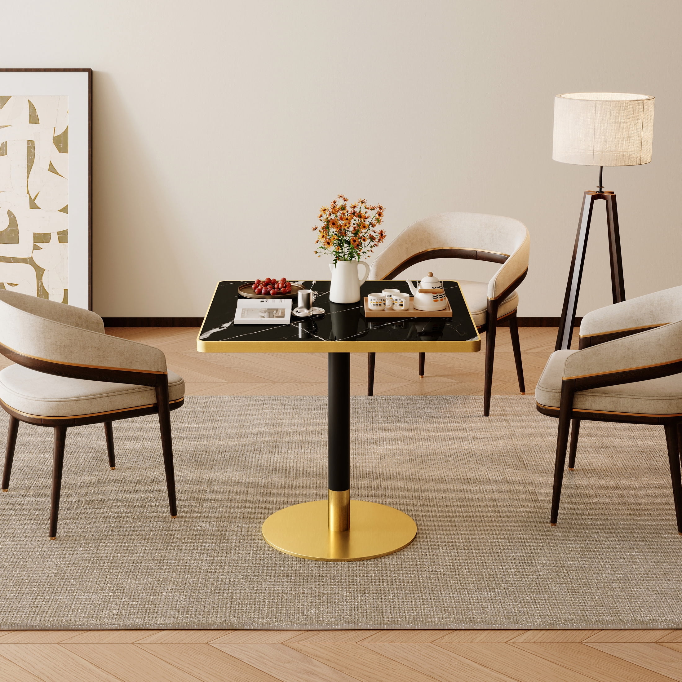 Noble House 31.5" Square Dining Table with Faux Marble Top, Luxury Bistro Table with Stainless Steel Legs, Black & Gold