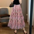thumbnail image 5 of Women Floral Print Long Skirt Elastic High Waist Skirt irregular hem Mesh Skirt Pleated Dress Elegant Streetwear Tulle Skirt, 5 of 7