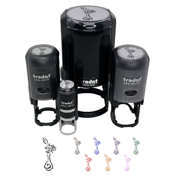 Roses Flowers in Vase Sketch Self-Inking Rubber Stamp Ink Stamper - Fuchsia Ink - Medium 1 Inch