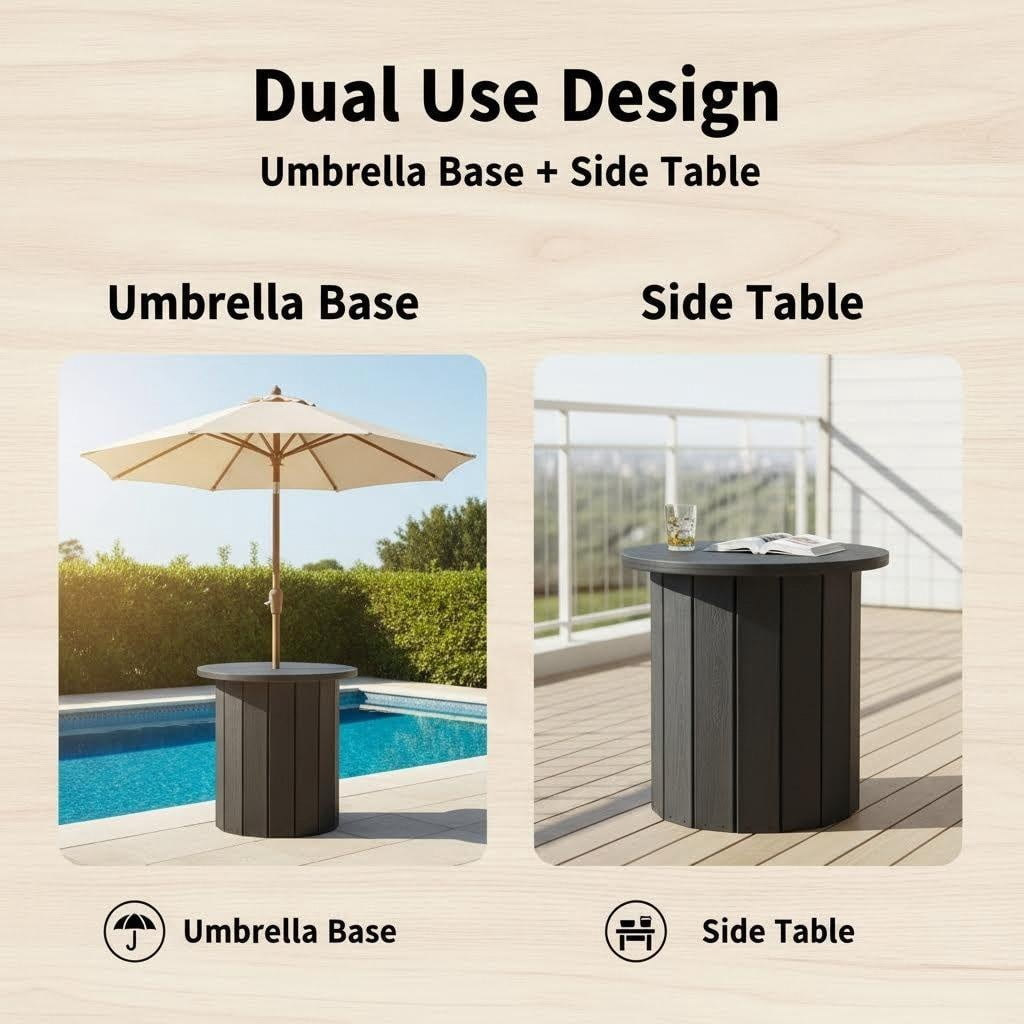2-in-1 Outdoor Umbrella Side Table for Poolside/Yard/Deck,5cm Extended Desktop, 1.5-1.9 Inch Umbrella Hole, Fillable 5 Gallon Water Bag Base, Black