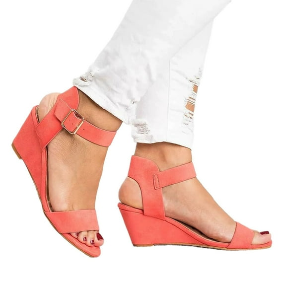 jjayotai Clearance Sandals for Women Women's Solid Color Round Toe Wedge Heel Buckle Suede Low Top Sandals Shoes Rollbacks Watermelon Red