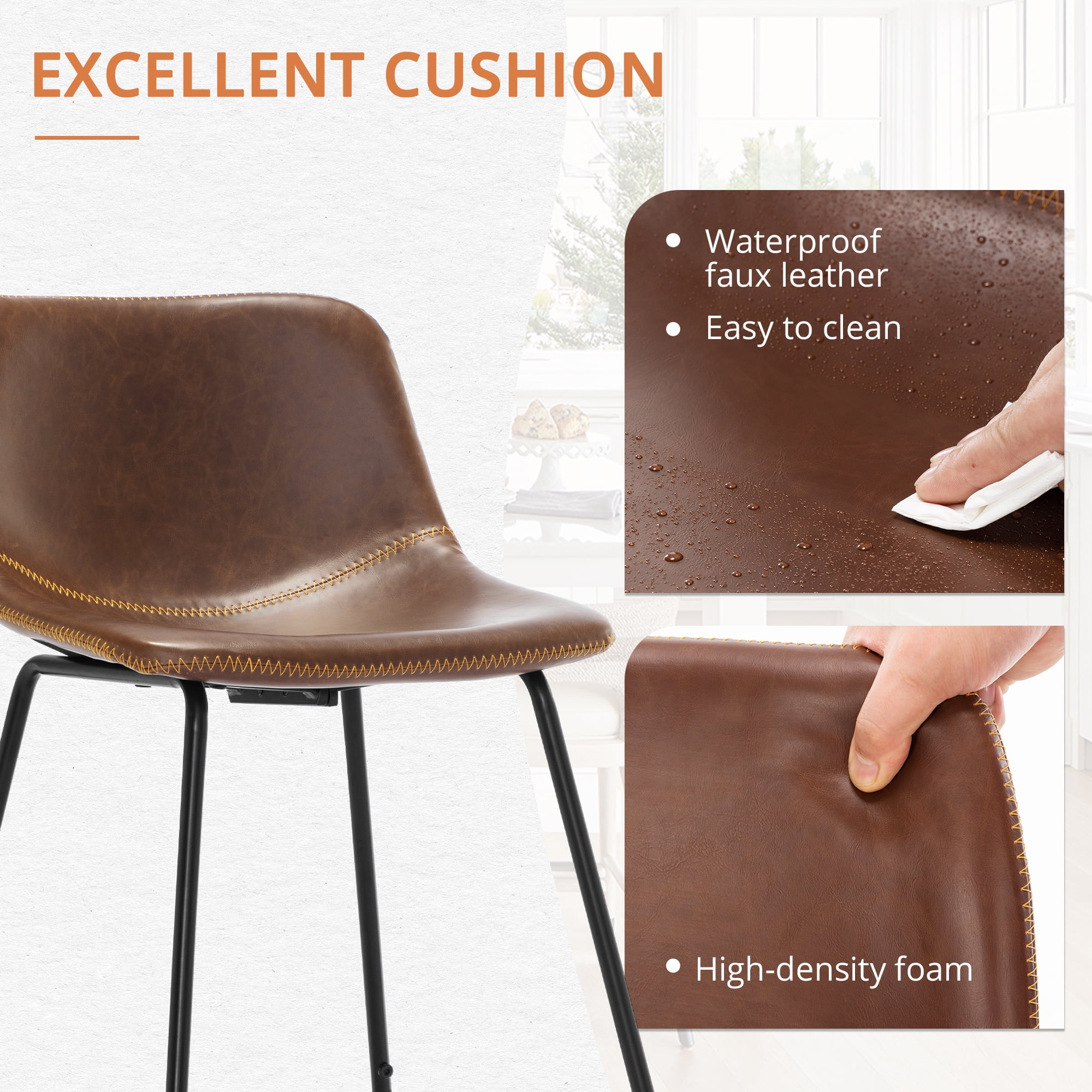 Dycanpo 24" Bar Stools Set of 4 with Back, Faux Leather, Metal Legs for Home Kitchen Island, Brown