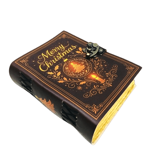 Merry Christmas Handmade Leather Journal – 5x7 inch – 200 Deckle Pages – Vintage Holiday Gift