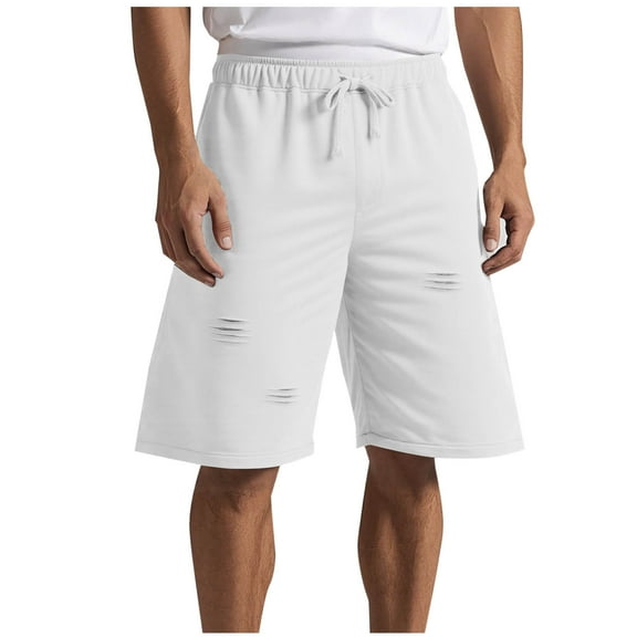 hotojiny Mens Athletic Shorts Ripped Comfy Workout Gym Shorts Wide Leg Knee Length Drawstring Sweat Shorts with Pockets