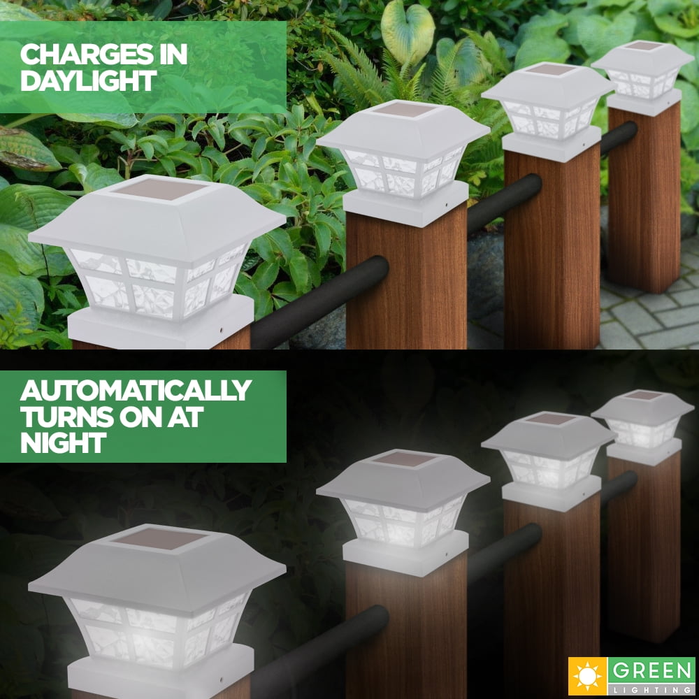 GreenLighting Evolve White Solar Post Cap Lights - 4x4 Post Caps and Outdoor Post Lights - Waterproof Solar Lights for Fence Posts - Solar Post Lights fit 4x4 5x5 Vinyl/PVC White, 8 Pack)