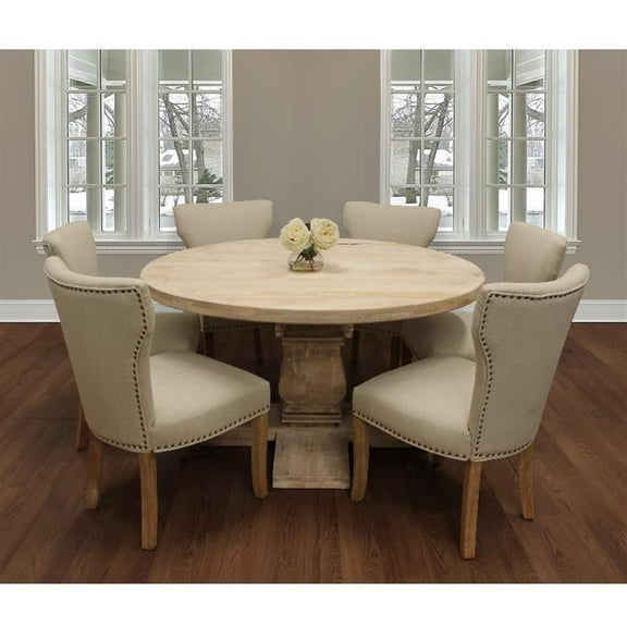 Benedict 7-Piece Dining Set with 58" Dining Table and 6 Ivory Linen Chairs