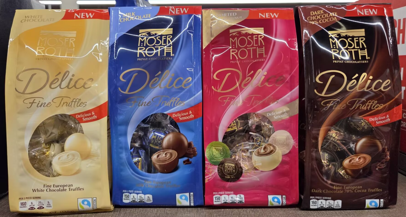 Moser Roth Private Chocolatiers Delice Fine Truffles Dark Chocolate 70% Cocoa, Milk Chocolate, White Chocolate, Assorted Crispy Hazelnut Cappuccino Dark 70% 4.9oz 140g (4 Bags)