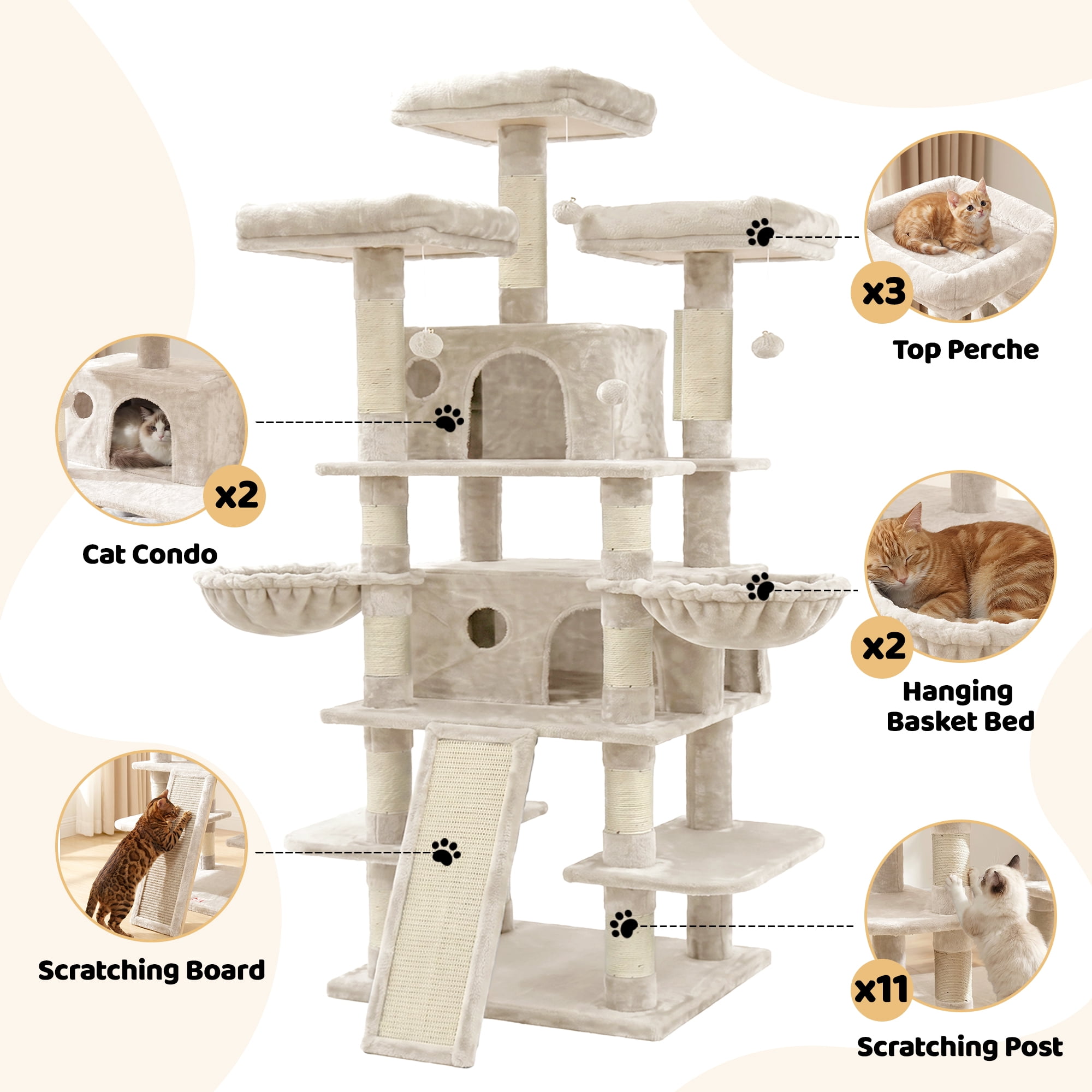 FOOWIN 70.8" Large Cat Tree, Multi-Level Cat Tower with Sisal Scratching Posts, Cat Activity Center Cat Play House, Beige