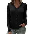 thumbnail image 4 of Women Elegant Lace Trim Tops Spring Casual Solid V-Neck Sexy Long Sleeve Pullover Blouse T-shirt Trendy Tops, 4 of 5