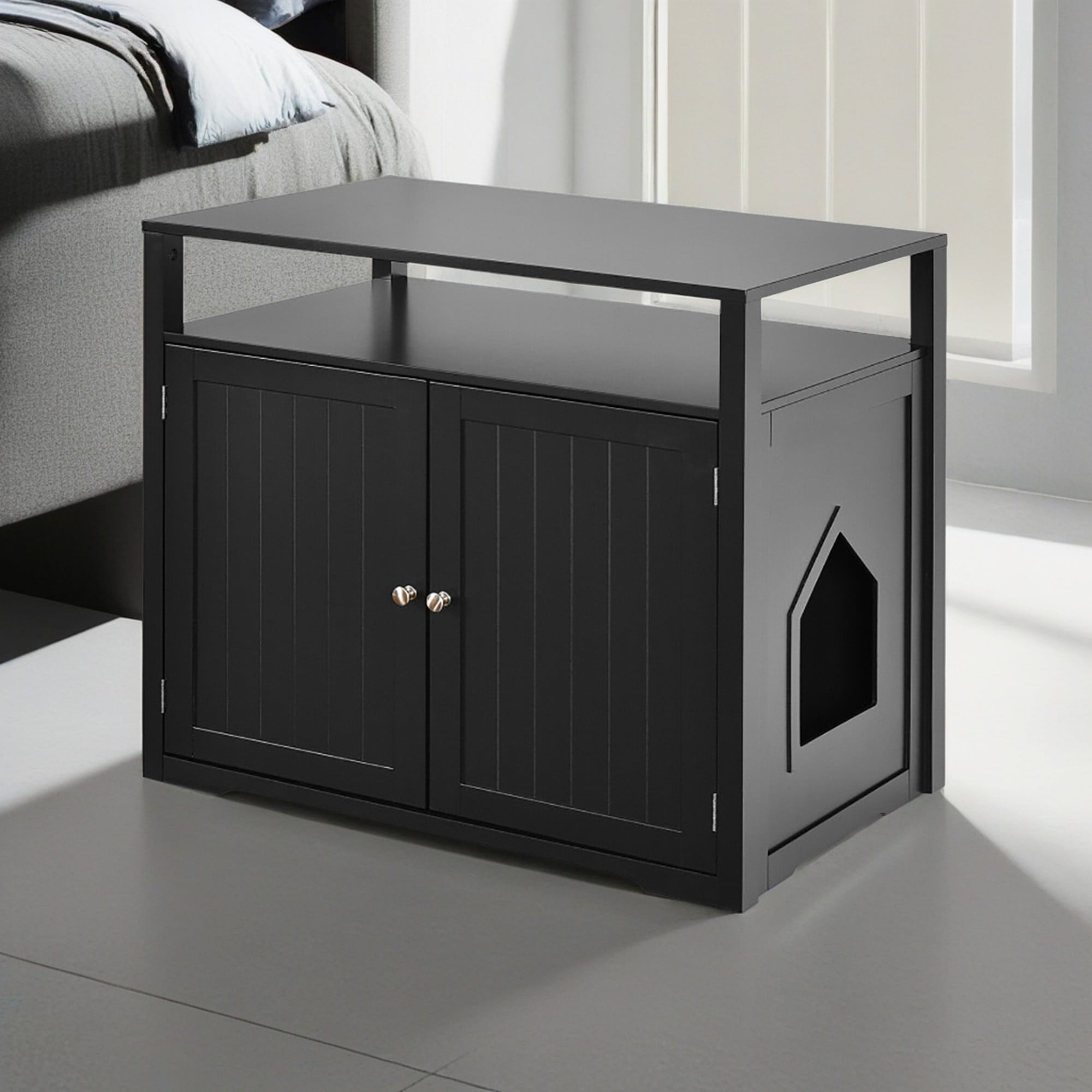 Kadyn 31" Wooden Hidden Cat Litter Box Enclosure Furniture, Cat Washroom with Storage Layer, Cat House for Large Cats, Black