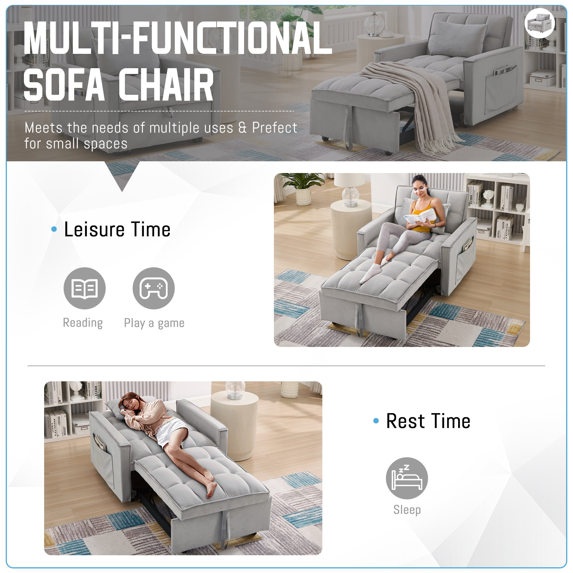 Lunale 3-in-1 Convertible Sleeper Sofa Chair Bed, Lounge Chair Indoor, Modern Single Couch for Living Room, Small Spaces, Gray Velvet