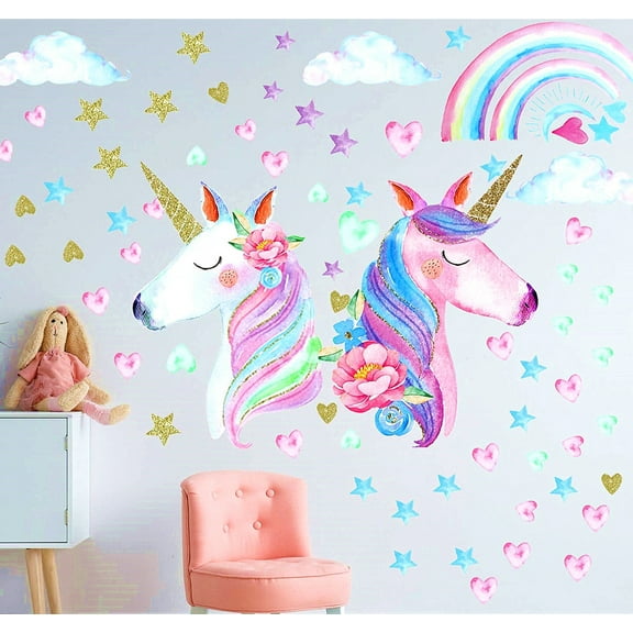 Unicorn Wall Decal Stickers-Wall Decals for girls bedroom-Unicorn Rainbow Room Wall Decor for Girls Kids Bedroom Nursery Christmas Birthday Party Decoration（3 Sheets）
