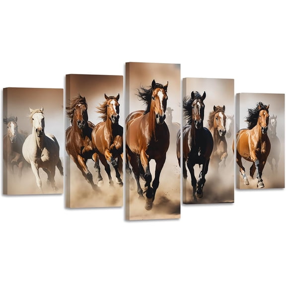 ZHONGYUTONG Horse Canvas Wall Art 5 Pieces Running Horse Picture Prints Vintage Western Animal Portrait Paintings for Office Bedroom Framed (12"x16"x2 12"x24"x2 12"x32"x1)