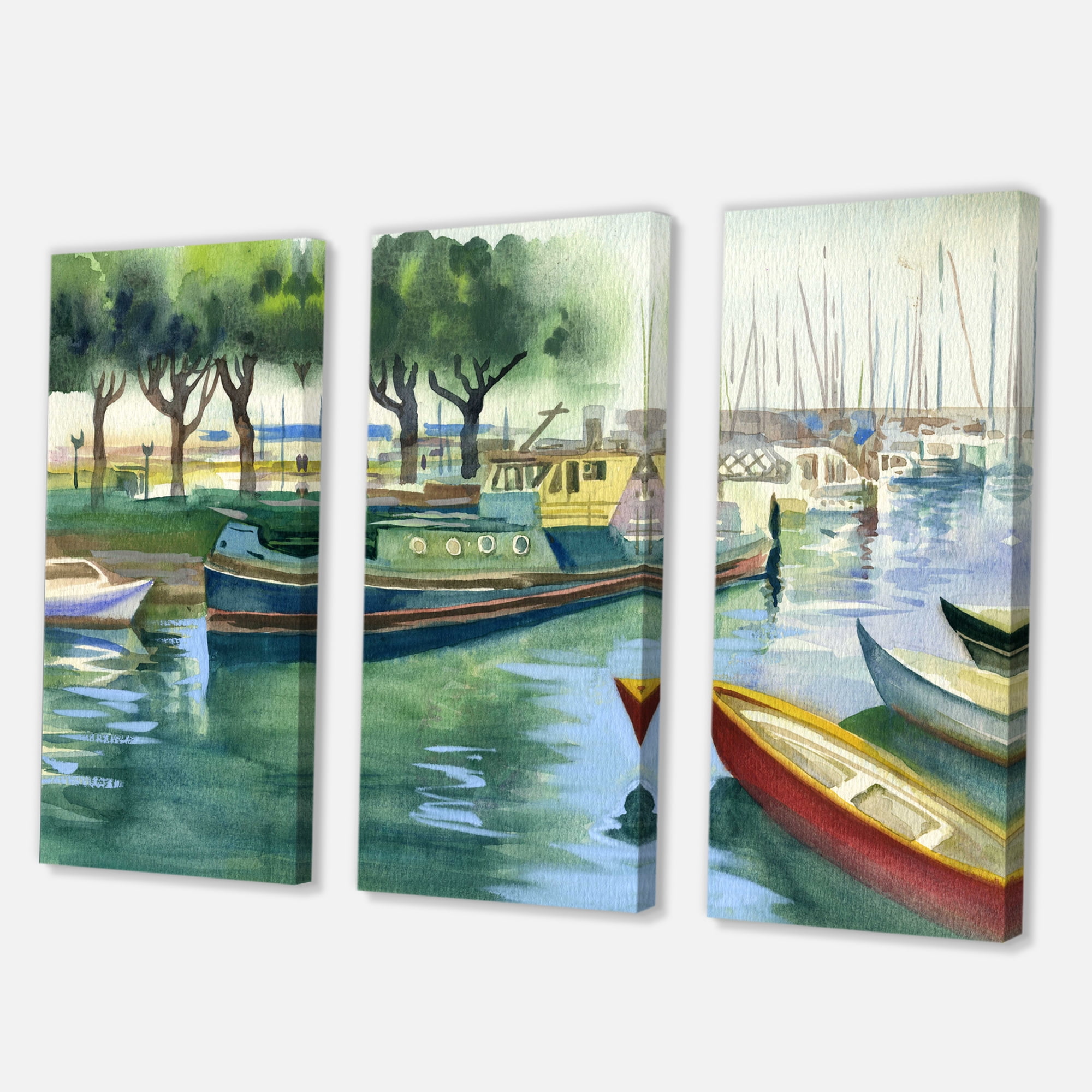 Boats At The Lake in Green Spring 28 in x 36 in Painting Canvas Art Print, by Designart