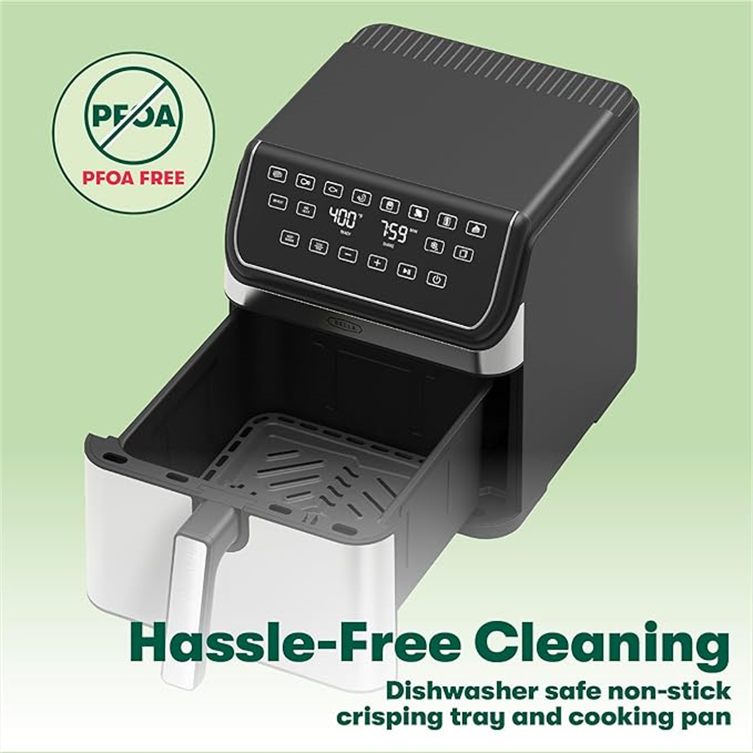 bella 8 Qt Digital Air Fryer with Technology, Large Family Size Nonstick Cooking Basket and Crisping Tray, Multiple Preset Functions, Auto Shutoff, Stainless Steel, 1750 Watt