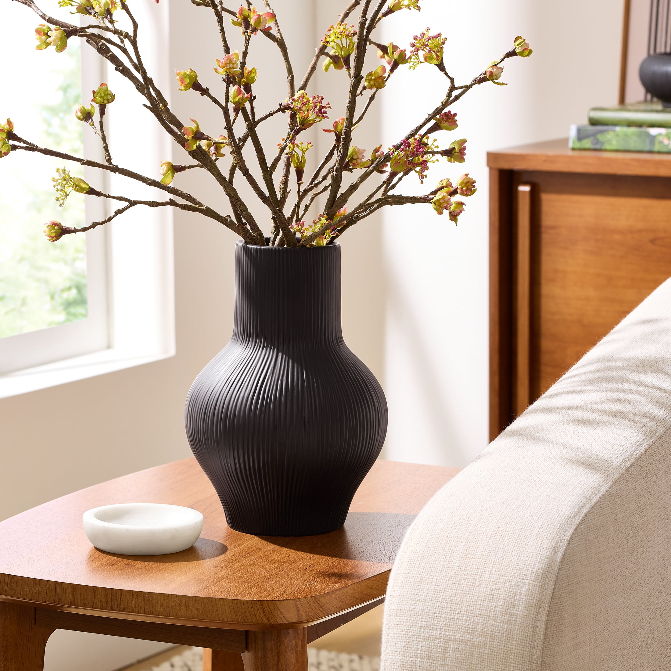 Better Homes & Gardens 10-Inch Black Ribbed Ceramic Decorative Vase