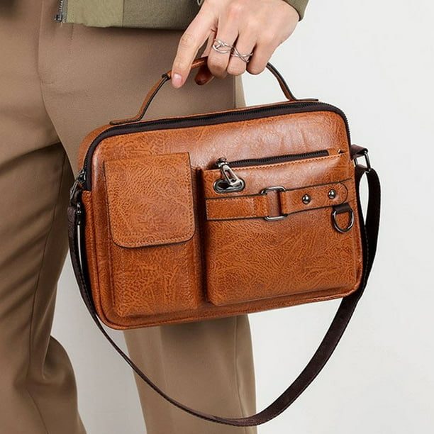 Bolso de hombro cruzado de cuero texturizado | Bolso de mano ligero y espacioso con correa ajustable | Negro/Marrón/Caqui | 29x20x7cm | Viaje Multi Compartimento Accesorio Diario para Mujeres