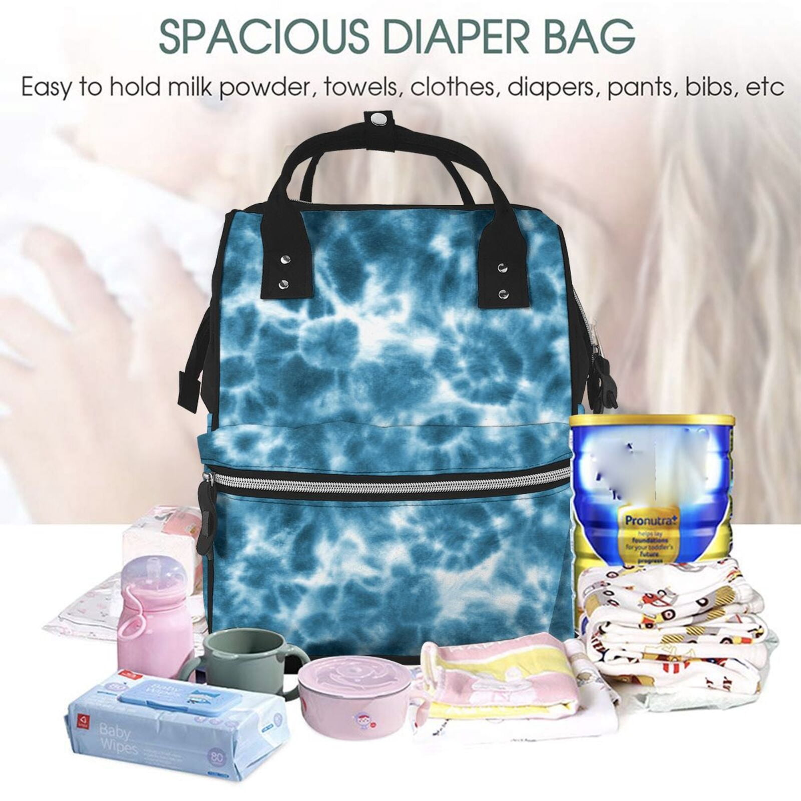 Ratiio Blue Tie Dye Mummy Backpack - Waterproof Twill Canvas, Large Capacity Diaper Bag with Multiple Pockets and Adjustable Straps
