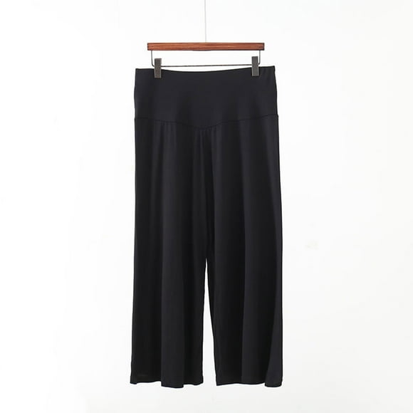 TIMIFIS Black Cropped Wide Leg Gaucho Pants for Women Elastic Waist Baggy Flowy Straight Solid Color Loose Casual Thin Pants