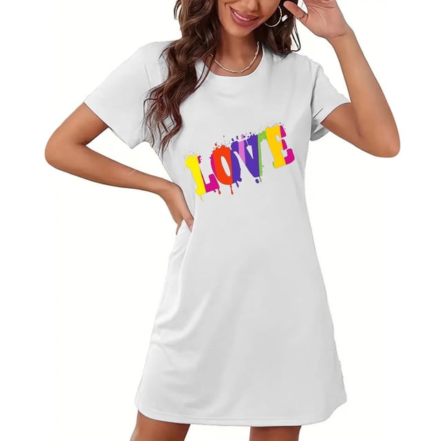 Camisón corto de mujer, vestido de largo medio con estampado de moda, camisón corto extragrande de mujer, camisón de manga corta con estampado de pecho a la moda, camisón de mujer