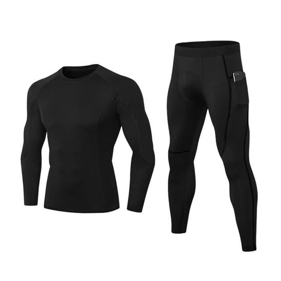Men's Sports Running Set, Compression Shirt Pants Skin-Tight Long Sleeves Quick Dry Fitness Tracksuit Gym Suits for Men Work Set Black XS