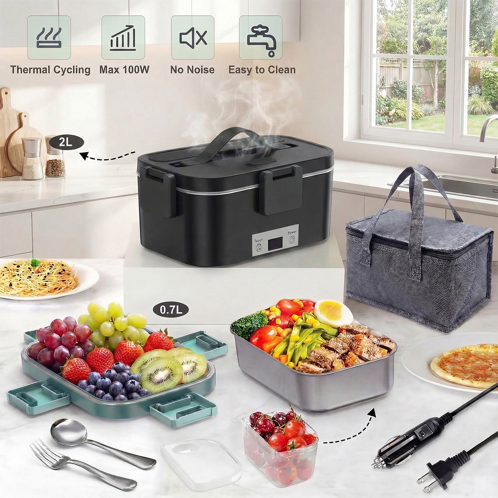Electric Lunch Box Food Heater, Upgrade 100W High Power Portable Food Warmer, Heated Lunch Box for Adults Car/Home with 2L Removable Stainless Steel Container, 12V/24V/110V/220V,Black