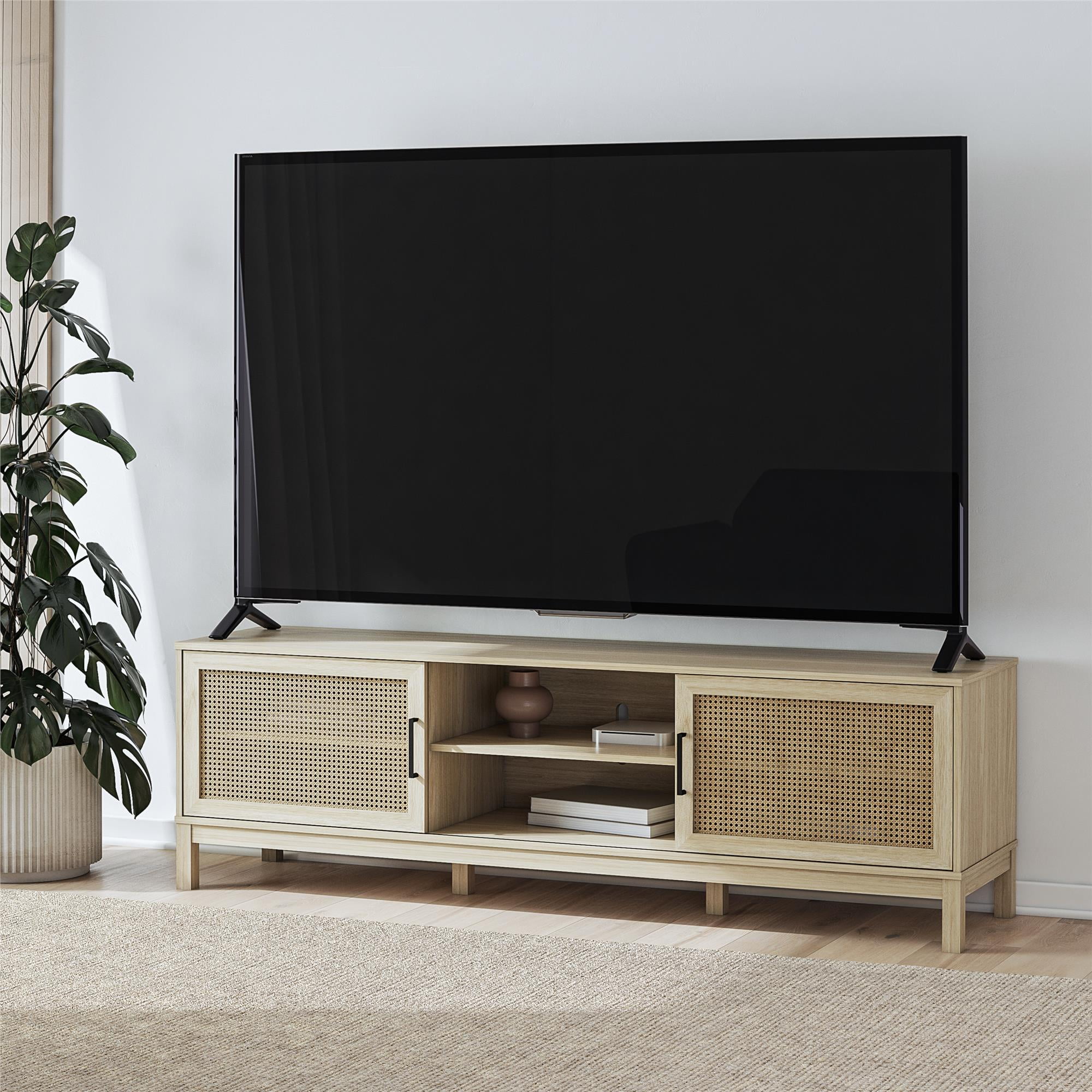 Mainstays Cane TV Stand for TVs up to 85", Spring Pine