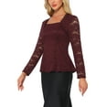 thumbnail image 4 of Blusas de encaje para mujeres, cuello cuadrado, de manga larga, elásticas, elegantes y casuales, con peplum, talla XS, rojas, 4 of 6
