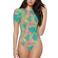 thumbnail image 2 of Uemuo Colorful Palm Leaves Pattern Women's One Piece Short Sleeve Swimsuit Rash Guard Surfing Modest Quick-drying Swimsuit Beach Essentials-, 2 of 9