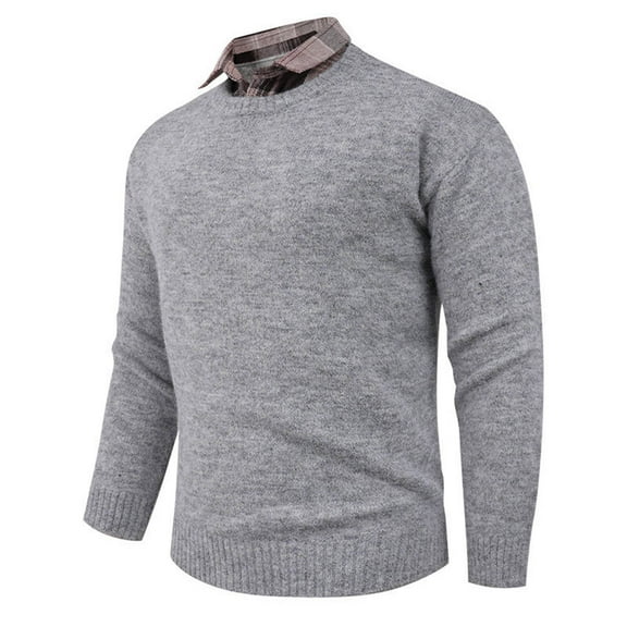 DPTALR Men's Fashion Color-Contrast Checkered Printed Long Sleeve Collar Knitted Sweater,Gray,XL