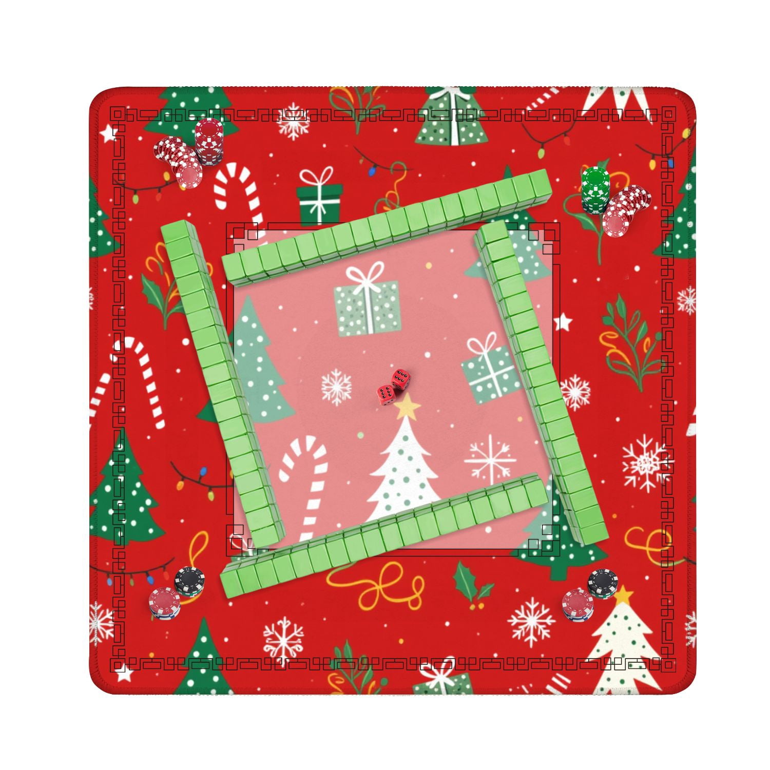Mahjong Mat 31.5" x 31.5" Christmas tree Christmas ornament red green color Non-Slip Noise Reduction American Mahjong Tiles Table Cover for Dominoes Poker Card Board Games Gift