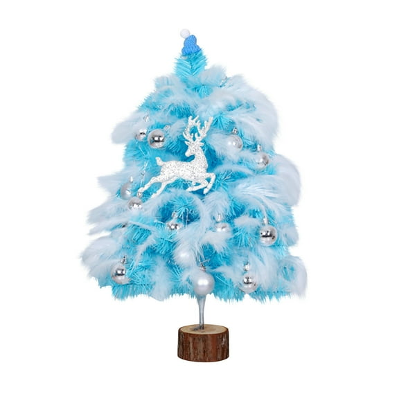 Blue Feather Mini Christmas Tree - Small Artificial Tabletop Xmas Tree with Feather Branches, Perfect for Christmas Decoration in Home, Office, or Desk, Holiday Decor, 17.72in