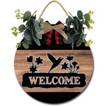 Eveokoki 11" Rustic Sign Humming Bird Welcome Sign Door Decor Wooden Front Door Hanger Wall Art Door Hanging Fall Winter Farmhouse Indoor Outdoor Home Porch Yard Decor