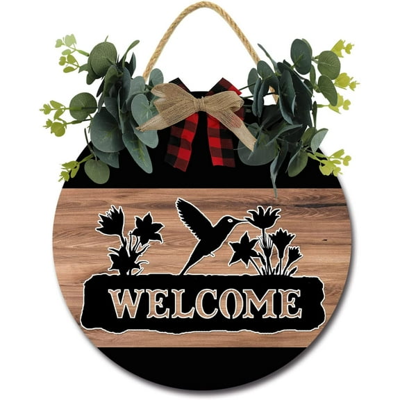 Eveokoki 12" Rustic Sign Humming Bird Welcome Sign Door Decor Wooden Front Door Hanger Wall Art Door Hanging Fall Winter Farmhouse Indoor Outdoor Home Porch Yard Decor