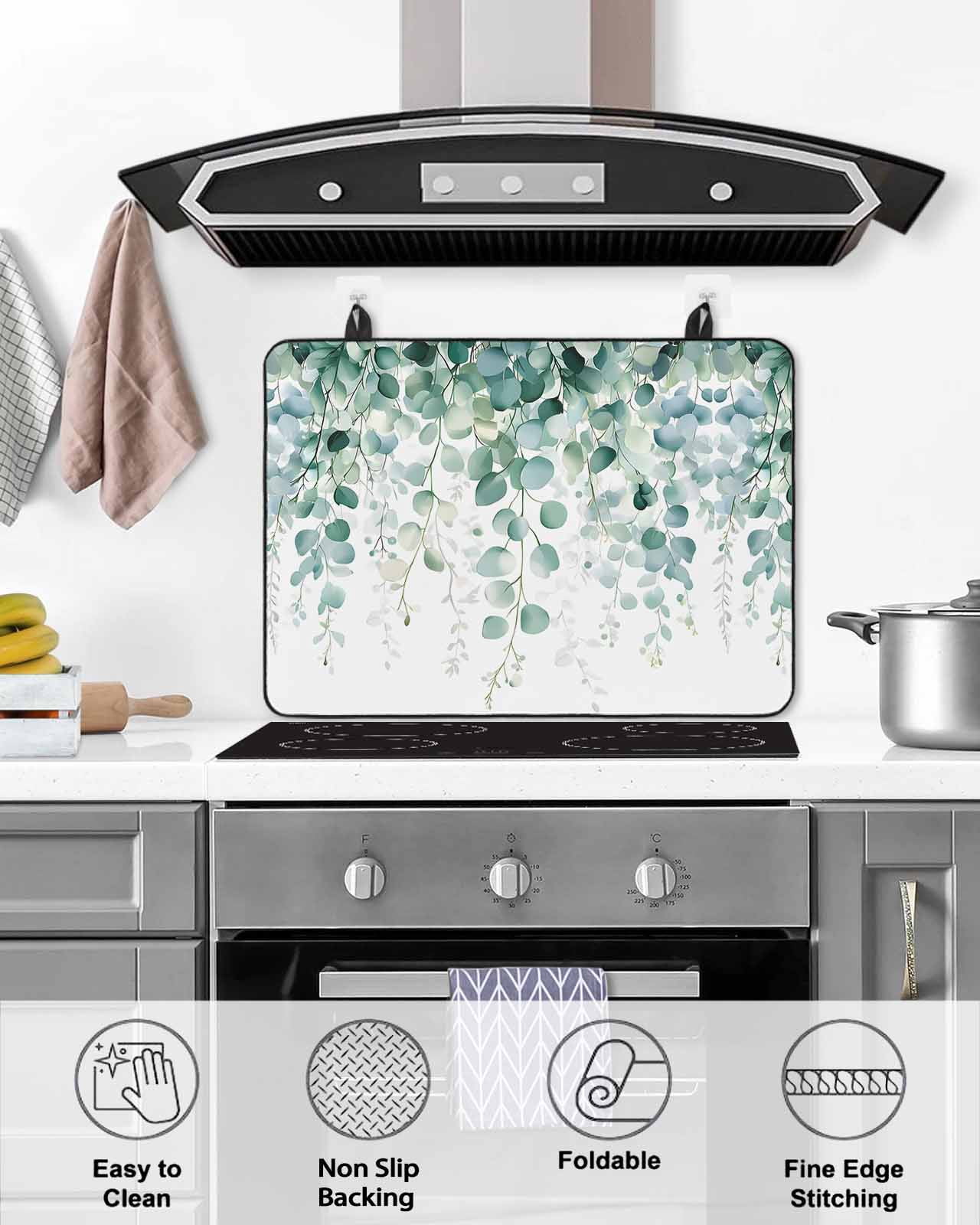 nqOlkjepod Large Induction Cooktop Protector Mat 24"x21", Eucalyptus Leaves Stove Top Covers for Electric Stove, Green Botanical Summer Spring Leaves Stove Burner Cover Mats, Glass Top Stove Cover