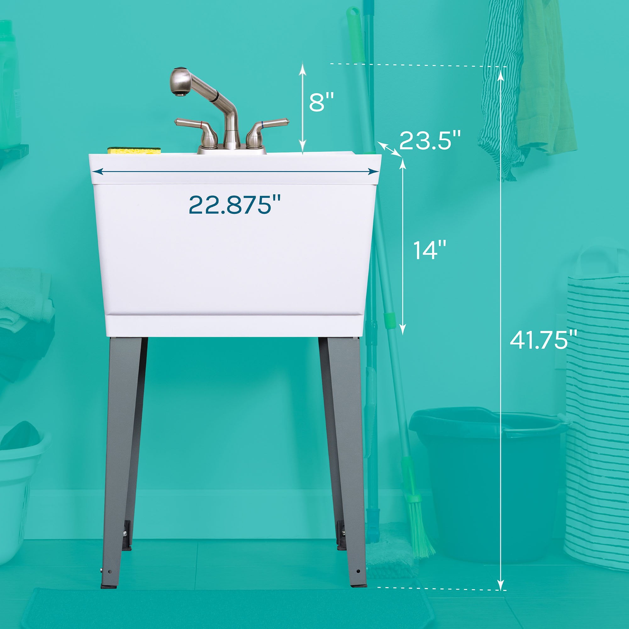 TEHILA Freestanding Floor Mount White Utility Sink with Stainless Finish Faucet for Laundry Room