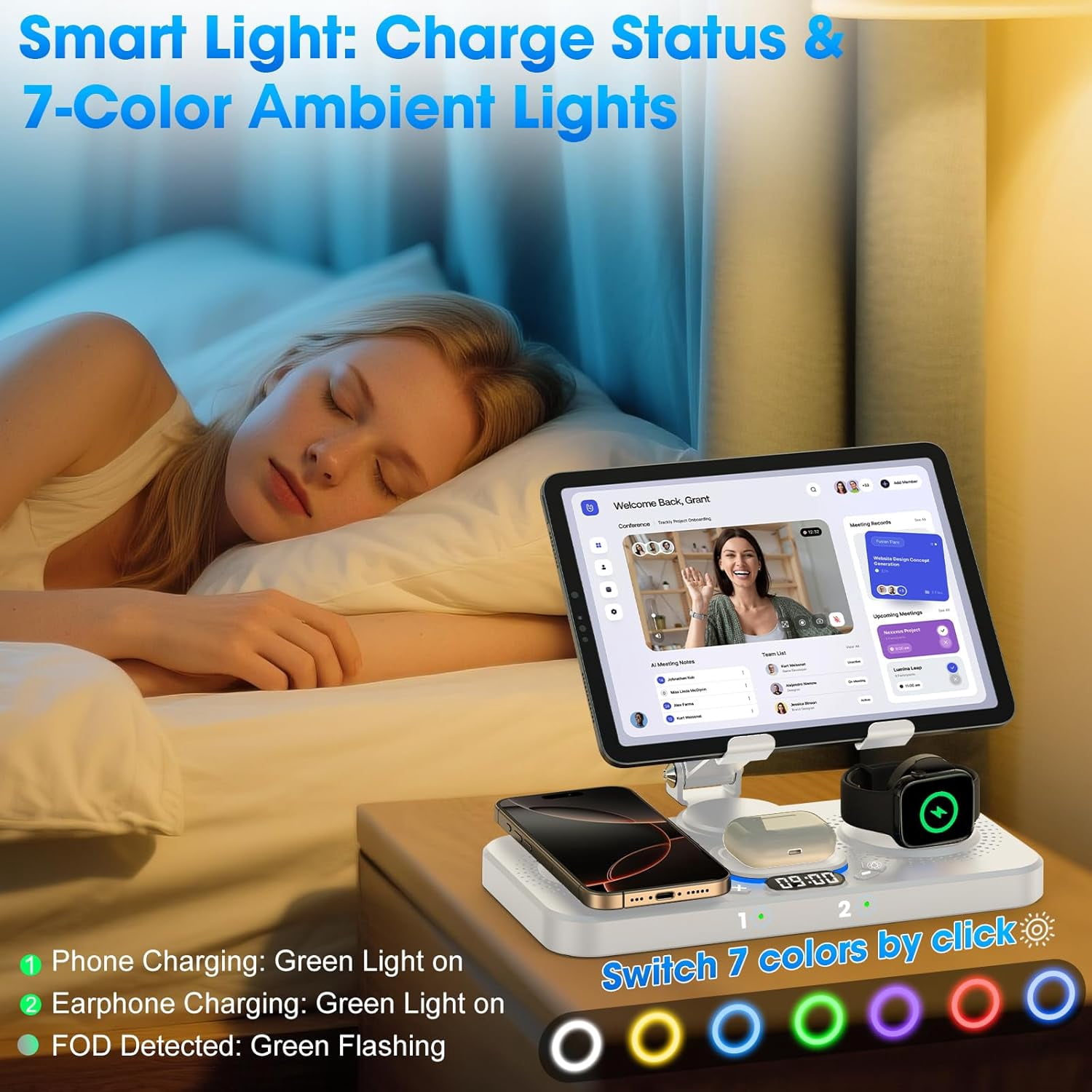6 in 1 Wireless Charger for Apple Device, 30W Foldable Charging Station for ipad with Clock & 7 Color Ambient Light, Nightstand Wireless Charger for iPhone 16/15/14/iWatch Series/AirPods 4/3(Black)
