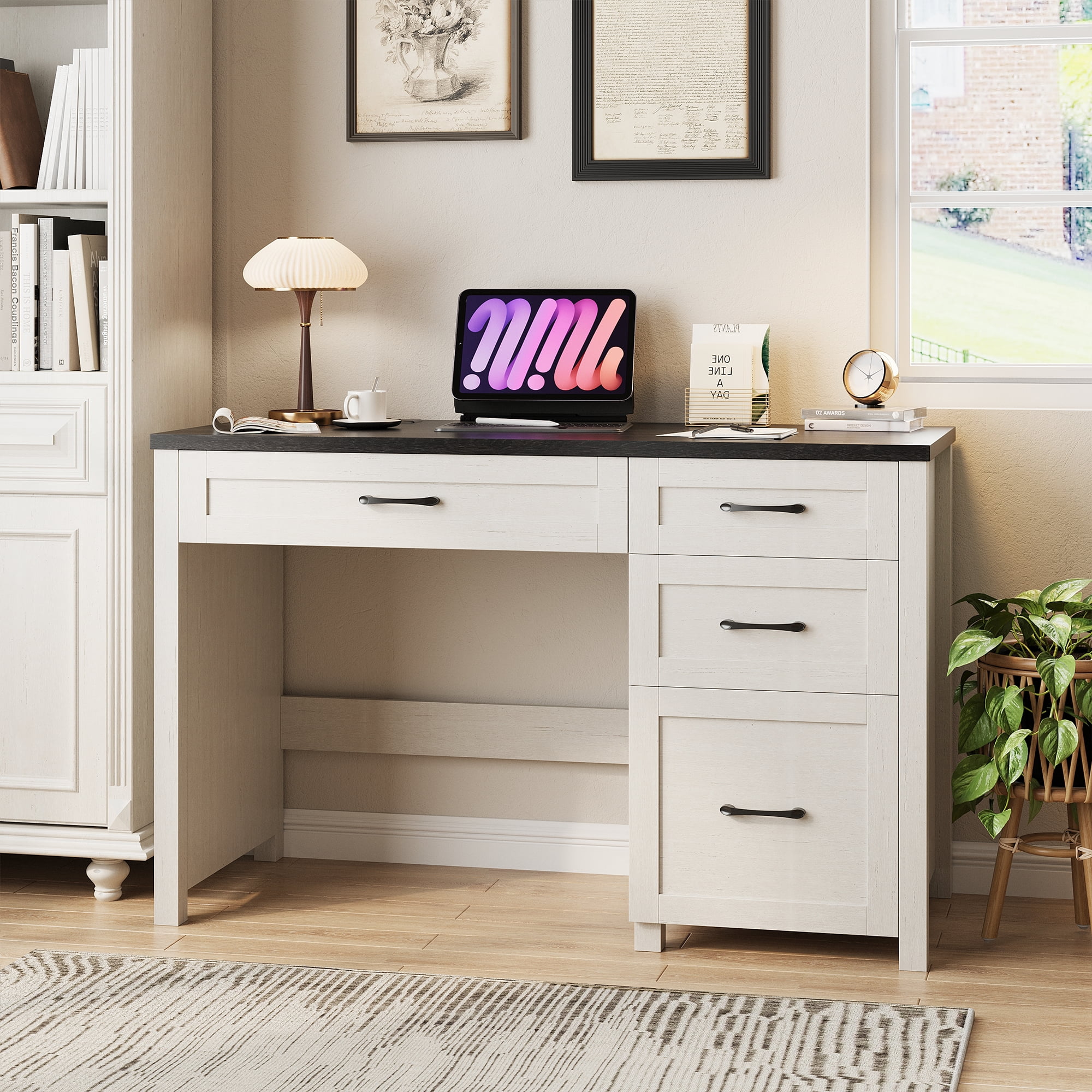 Conate 47" Executive Desk with File Cabinet and Drawers, Home Office Desk with Charging Station and Large Drawer, Workstation Table for Study