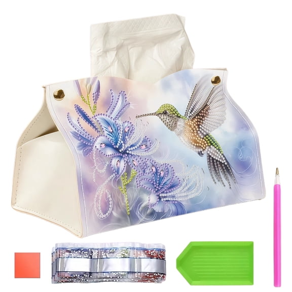 DIY Hummingbird Diamond Painting Tissue Box Cover Kit, PU Leather Tissue Holder with 3D Rhinestone Mosaic Design, Decorative Napkin Dispenser for Home Office Desk Decor Gift
