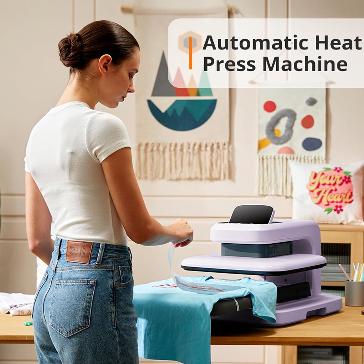 HTVRONT Automatic heat press 2 - Heat Press Machine for T Shirts with Adjustable Pressure & Higher Heating Height, Heats Up Fast and Evenly Heat Press 15x15 for HTV, Sublimation (Purple)