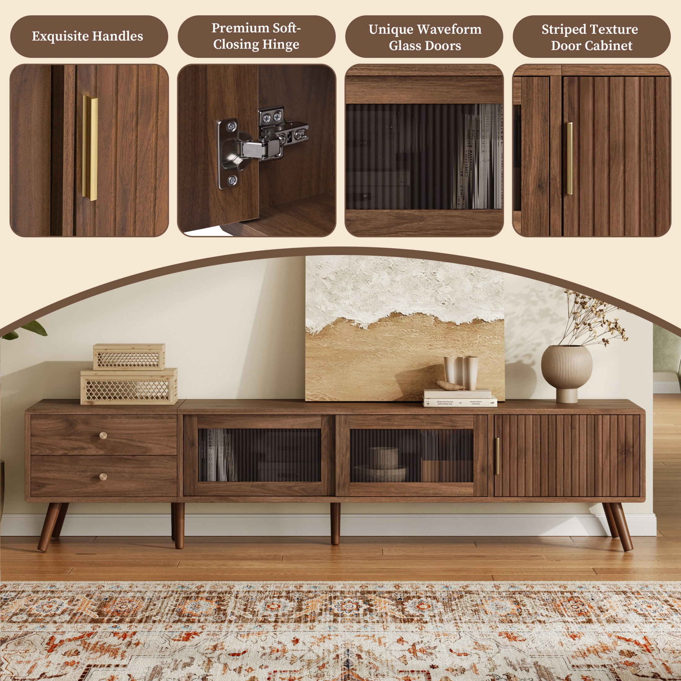 Noble House Glass-Door TV Stand for TVs up to 85" with Drawers, Storage Cabinets, Natural