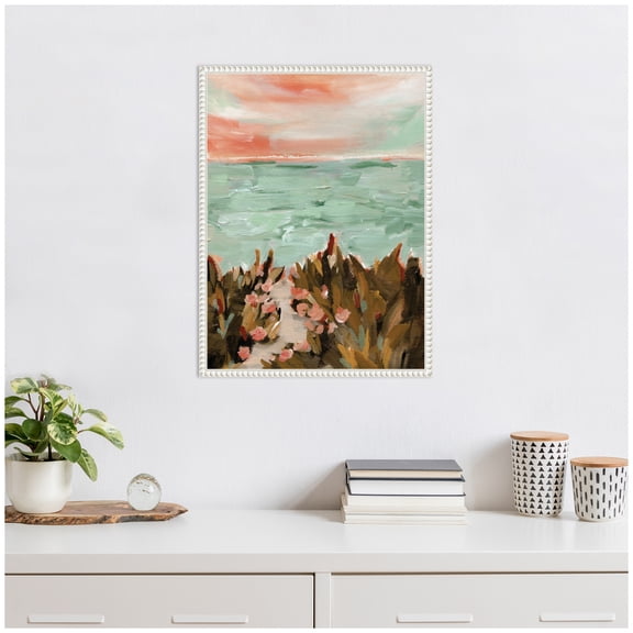 Kate and Laurel Landscape 02 Beach Framed Canvas Wall Art by Annie Quigley 18 x 24 Sylvie Beaded White, Coastal, Beach, Landscapes Art for Wall Decor, Living Room, Bedroom
