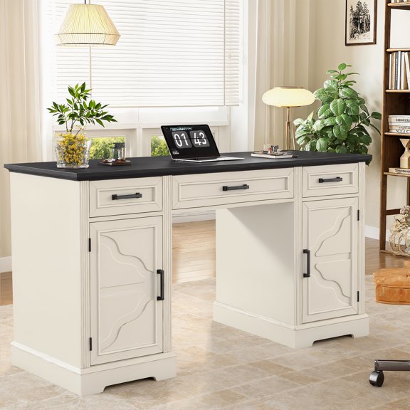 Vabches Farmhouse Executive Desk with 3 Drawers & 2 Storage Cabinet, 55.1"W Home Office Desk for Study, Workstation Table