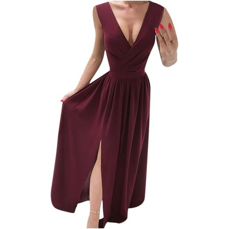 

COFEST Women s Slim Fit Corset Tapered Waist Split Pleat Maxi Dress Clearance Prom Shirt Trendy 2023 Dressy Summer Solid Sleeveless Deep V Neck Dress Black L